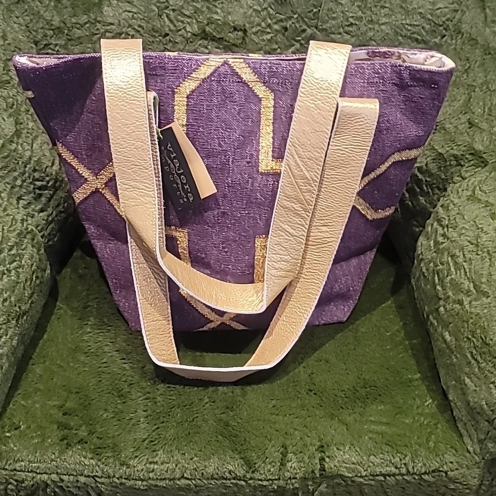 Viajera Imports Geometric Purple And Gold Tote with Metallic Pattern